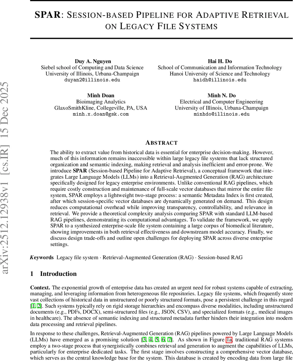 SPAR: Session-based Pipeline for Adaptive Retrieval on Legacy File Systems