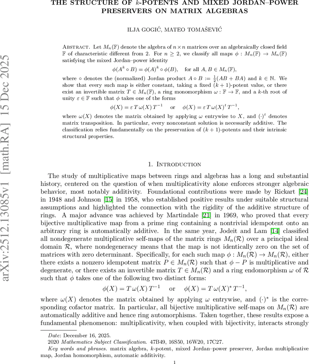 The structure of $k$-potents and mixed Jordan-power preservers on matrix algebras