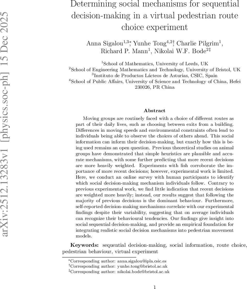Determining social mechanisms for sequential decision-making in a virtual pedestrian route choice experiment