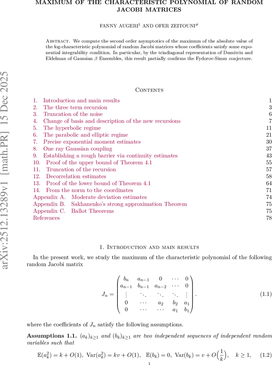 Maximum of the characteristic polynomial of random Jacobi matrices