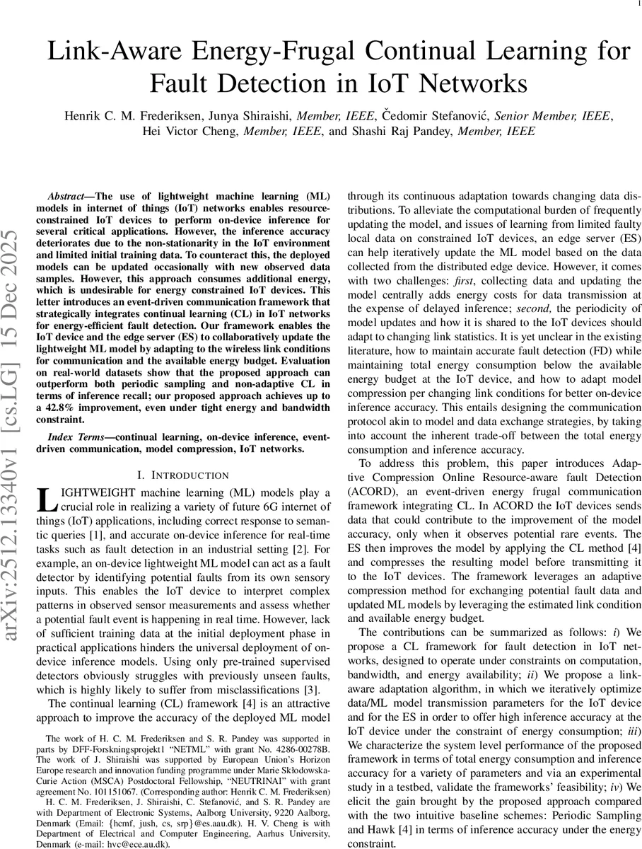 Link-Aware Energy-Frugal Continual Learning for Fault Detection in IoT Networks