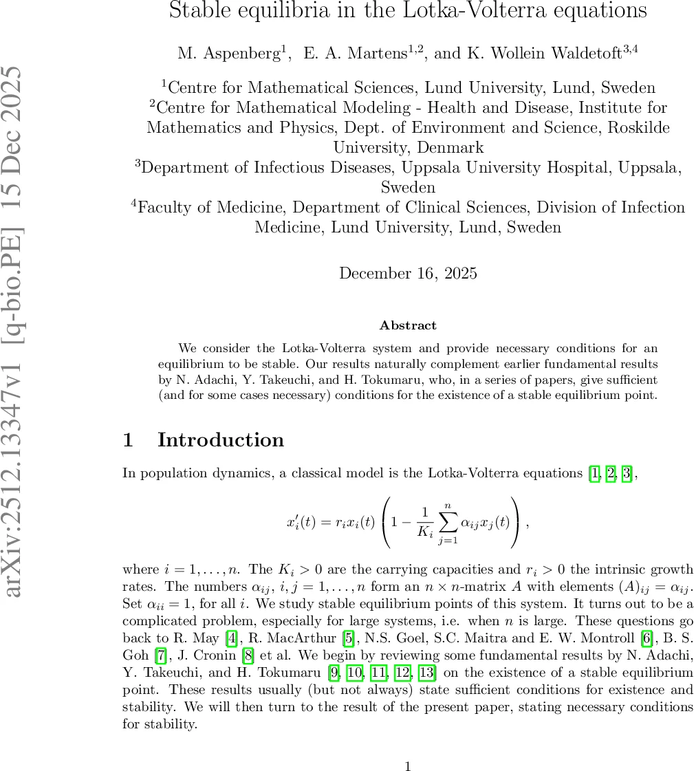 Stable equilibria in the Lotka-Volterra equations