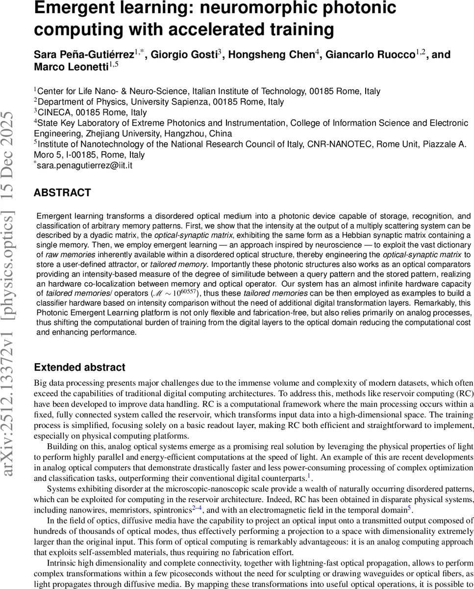 Emergent learning: neuromorphic photonic computing with accelerated training