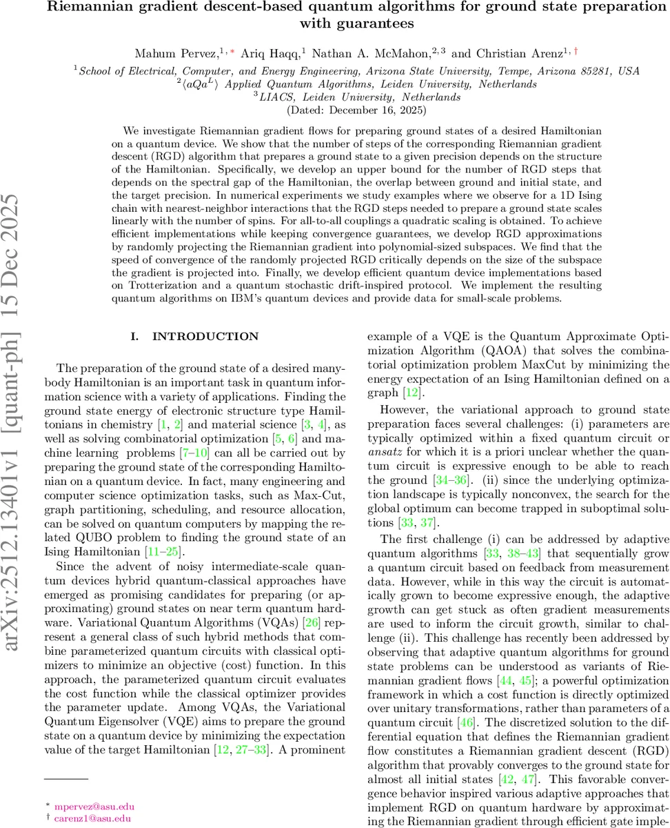 Riemannian gradient descent-based quantum algorithms for ground state preparation with guarantees