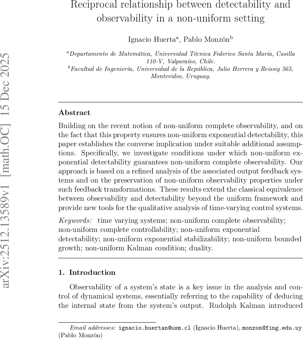 Reciprocal relationship between detectability and observability in a non-uniform setting