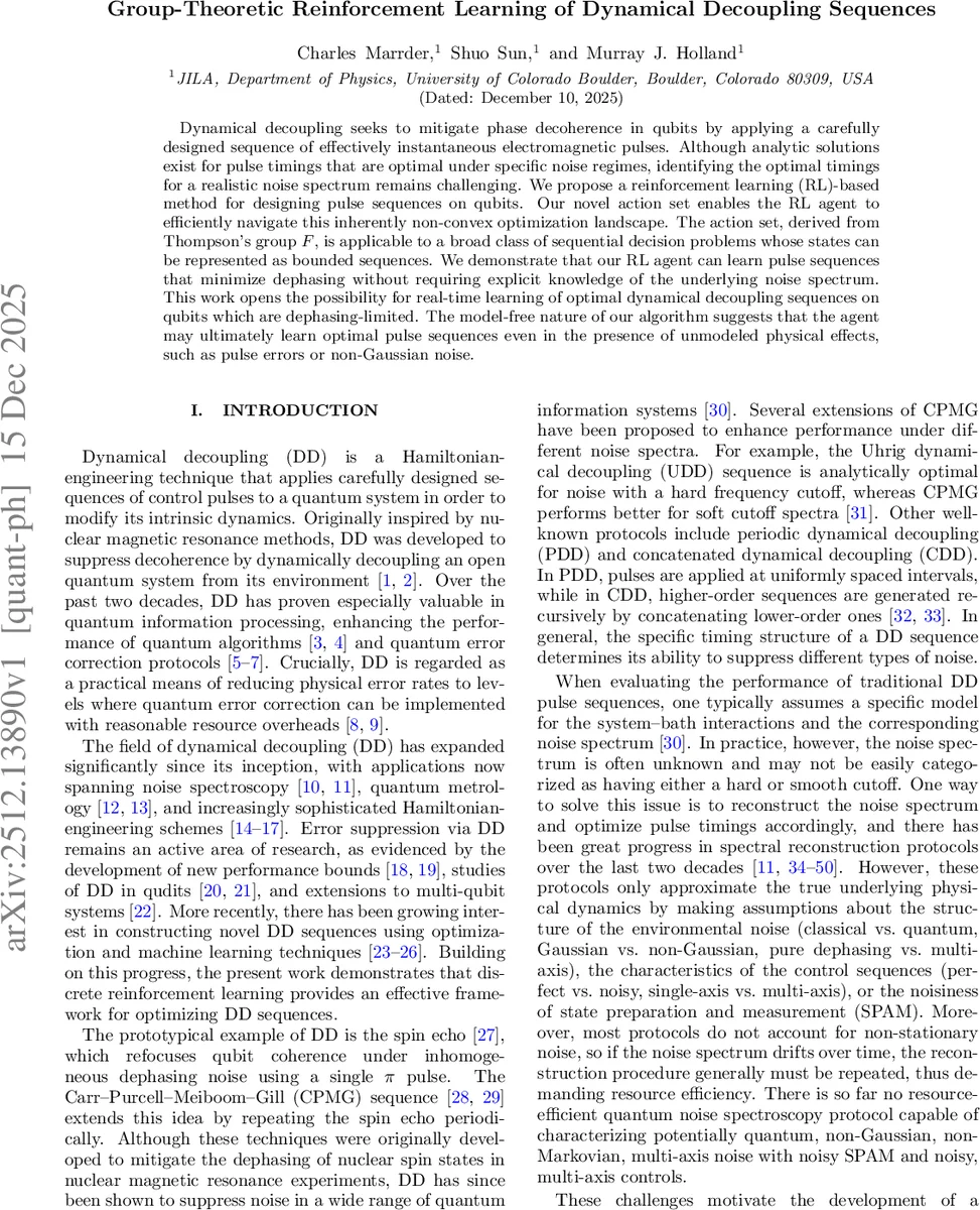 Group-Theoretic Reinforcement Learning of Dynamical Decoupling Sequences