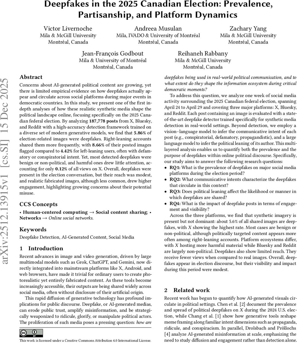 Deepfakes in the 2025 Canadian Election: Prevalence, Partisanship, and Platform Dynamics