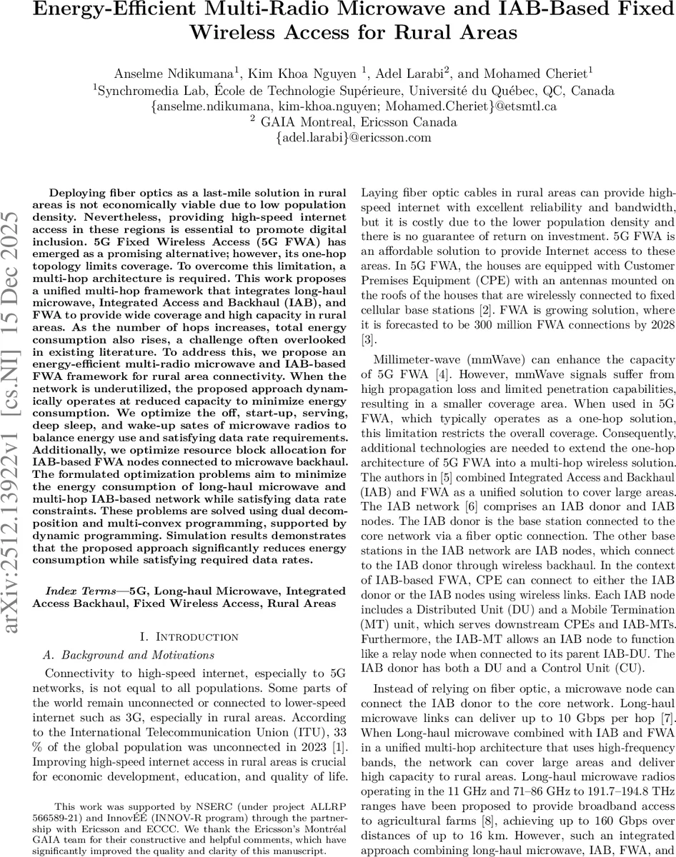Energy-Efficient Multi-Radio Microwave and IAB-Based Fixed Wireless Access for Rural Areas