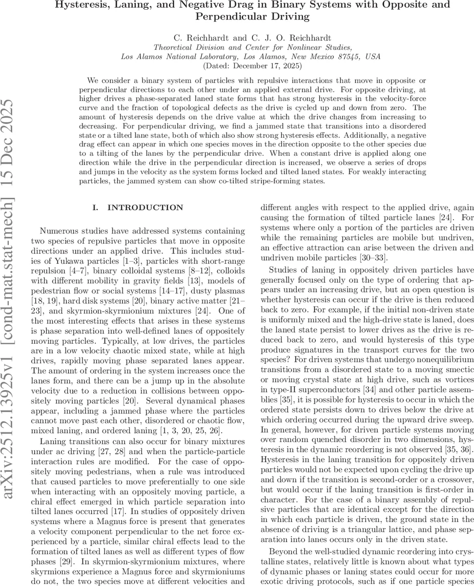 Hysteresis, Laning, and Negative Drag in Binary Systems with Opposite and Perpendicular Driving