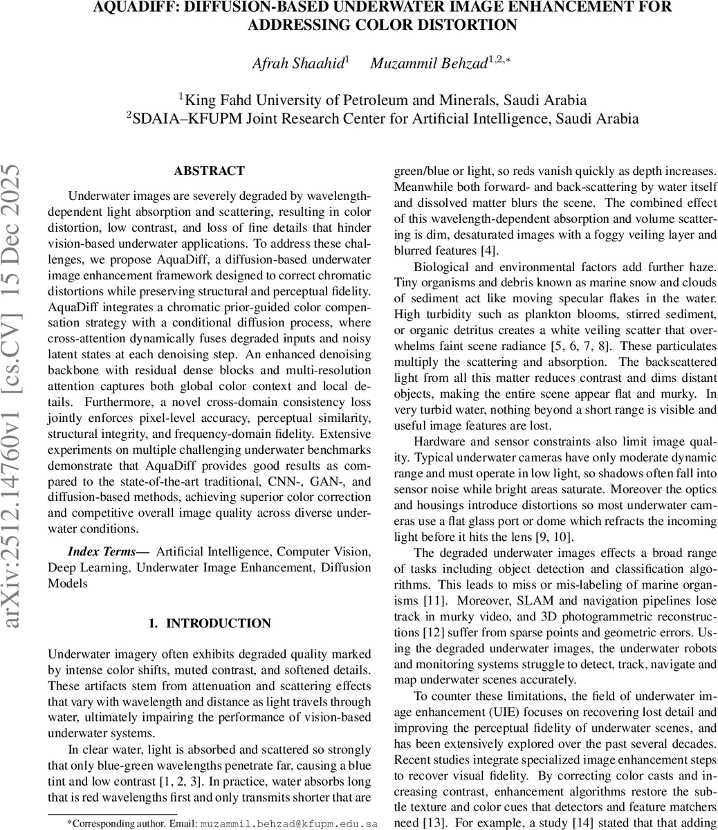 AquaDiff: Diffusion-Based Underwater Image Enhancement for Addressing Color Distortion