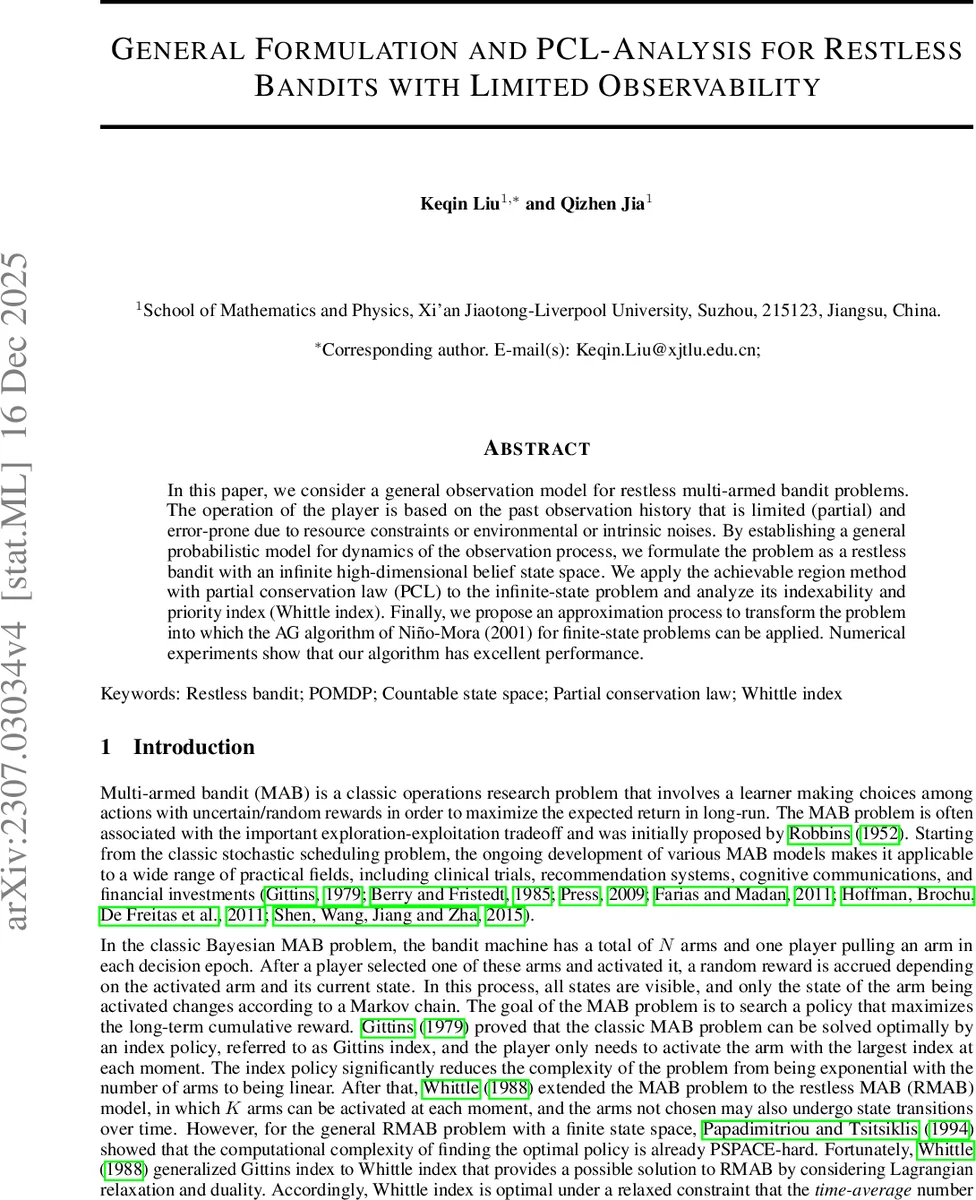General Formulation and PCL-Analysis for Restless Bandits with Limited Observability