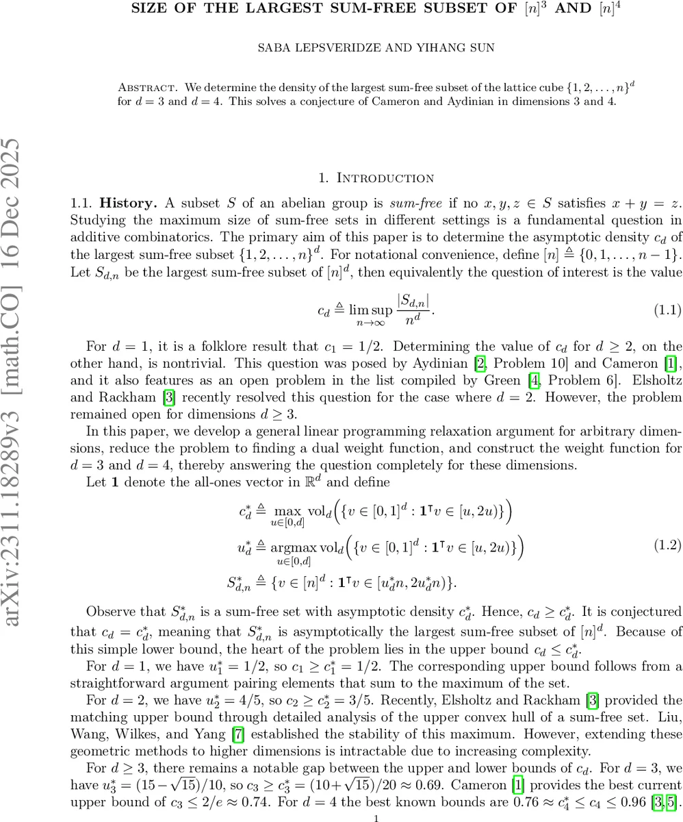 Size of the largest sum-free subset of $[n]^3$ and $[n]^4$