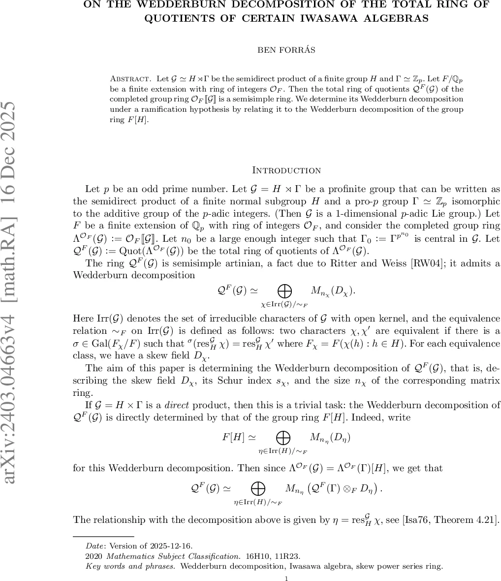On the Wedderburn decomposition of the total ring of quotients of certain Iwasawa algebras