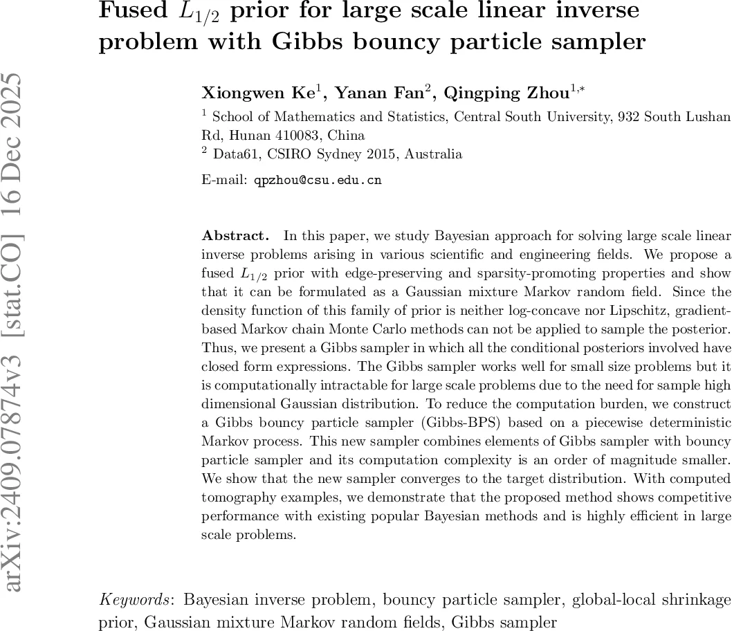 Fused $L_{1/2}$ prior for large scale linear inverse problem with Gibbs bouncy particle sampler
