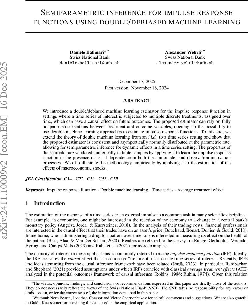 Semiparametric inference for impulse response functions using double/debiased machine learning