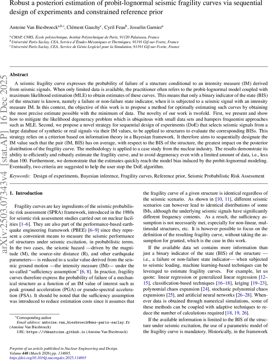 Robust a posteriori estimation of probit-lognormal seismic fragility curves via sequential design of experiments and constrained reference prior