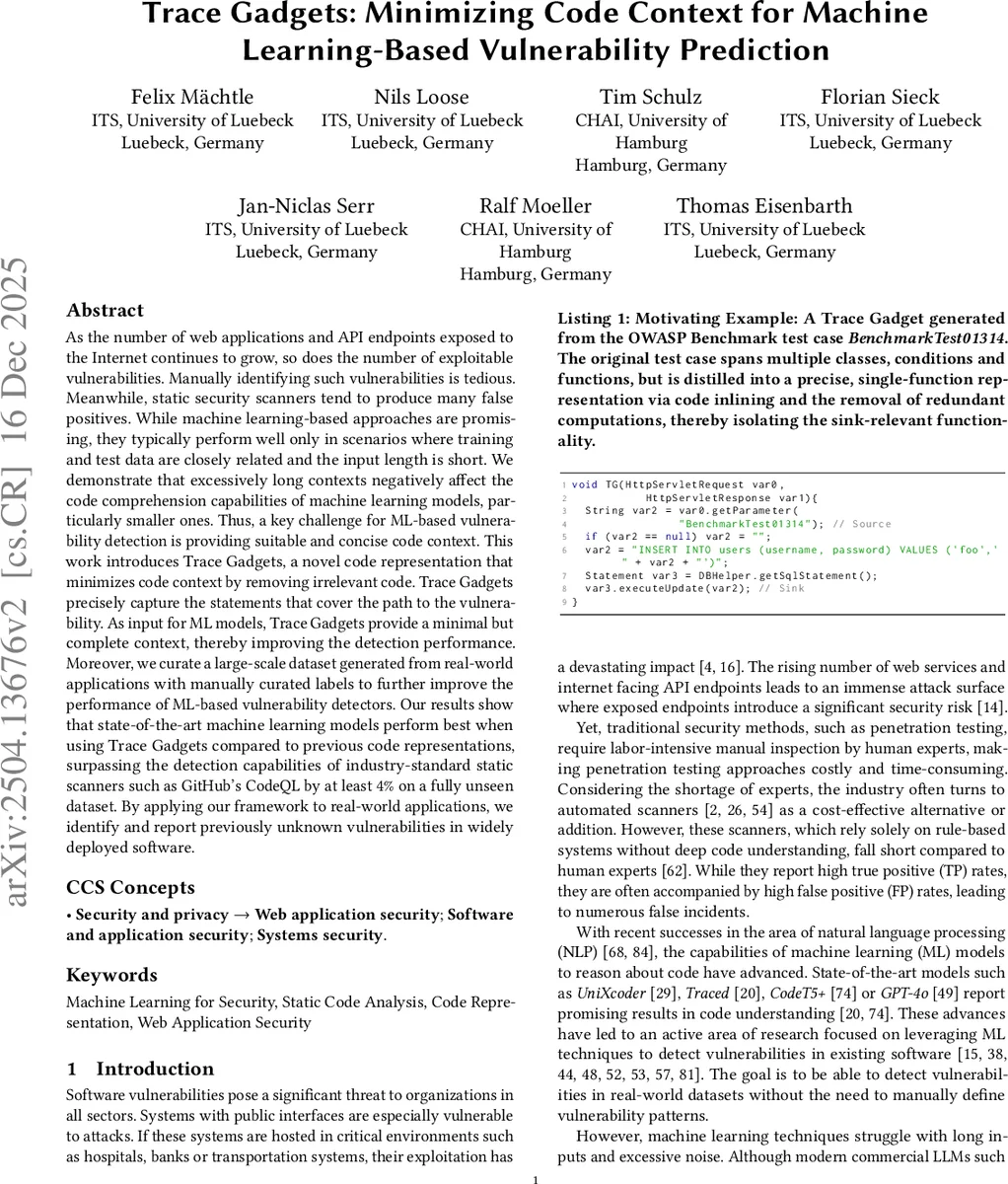 Trace Gadgets: Minimizing Code Context for Machine Learning-Based Vulnerability Prediction