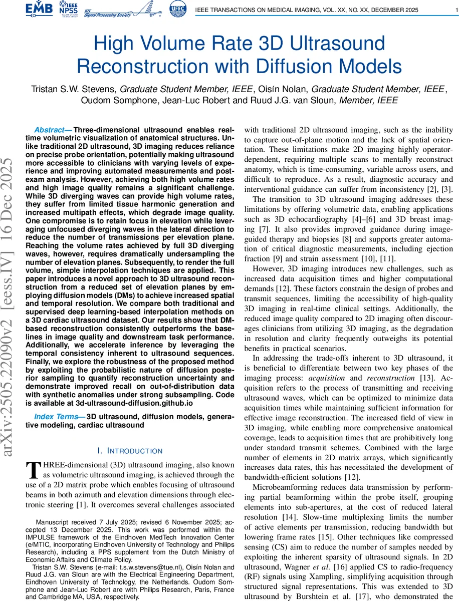 High Volume Rate 3D Ultrasound Reconstruction with Diffusion Models