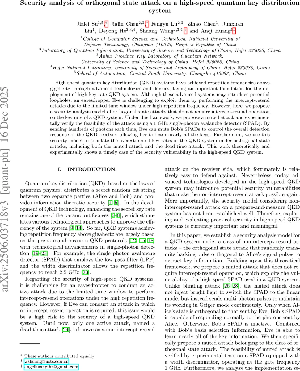 Security analysis of orthogonal state attack on a high-speed quantum key distribution system