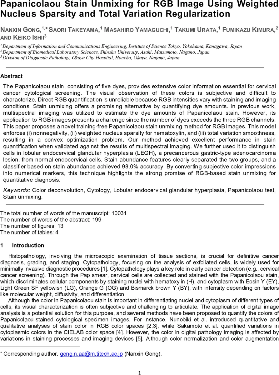 Papanicolaou Stain Unmixing for RGB Image Using Weighted Nucleus Sparsity and Total Variation Regularization