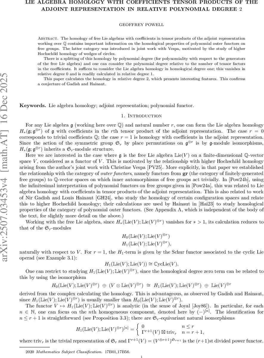 Lie algebra homology with coefficients tensor products of the adjoint representation in relative polynomial degree 2