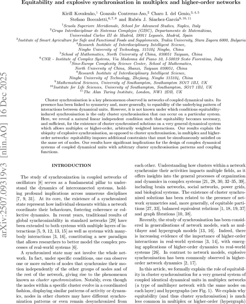 Equitability and explosive synchronisation in multiplex and higher-order networks