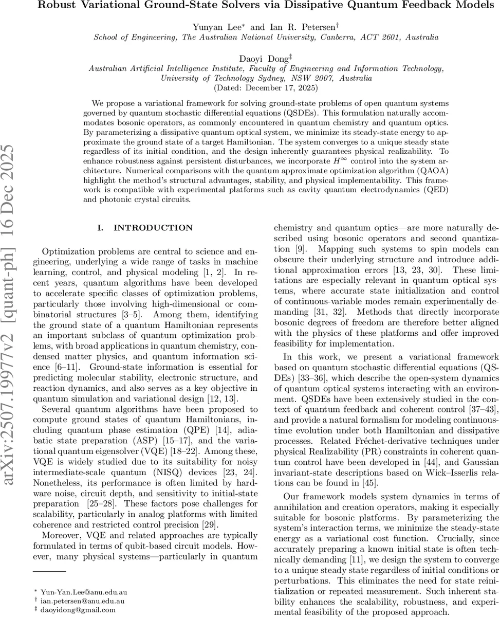 Robust Variational Ground-State Solvers via Dissipative Quantum Feedback Models