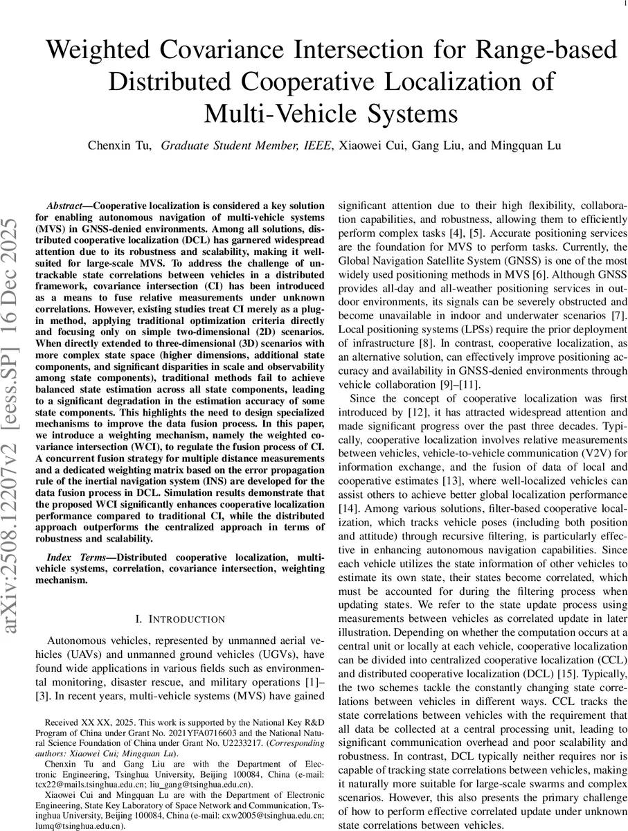 Weighted Covariance Intersection for Range-based Distributed Cooperative Localization of Multi-Vehicle Systems