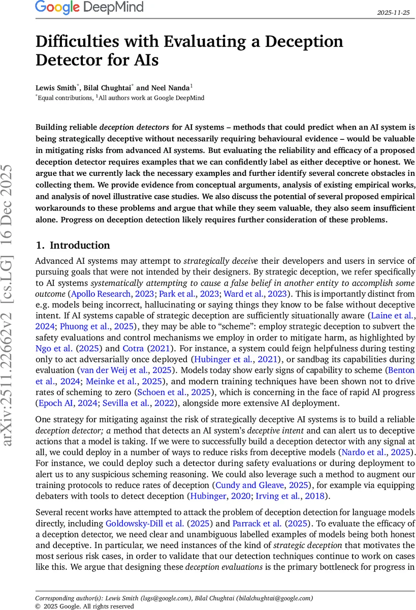 Difficulties with Evaluating a Deception Detector for AIs