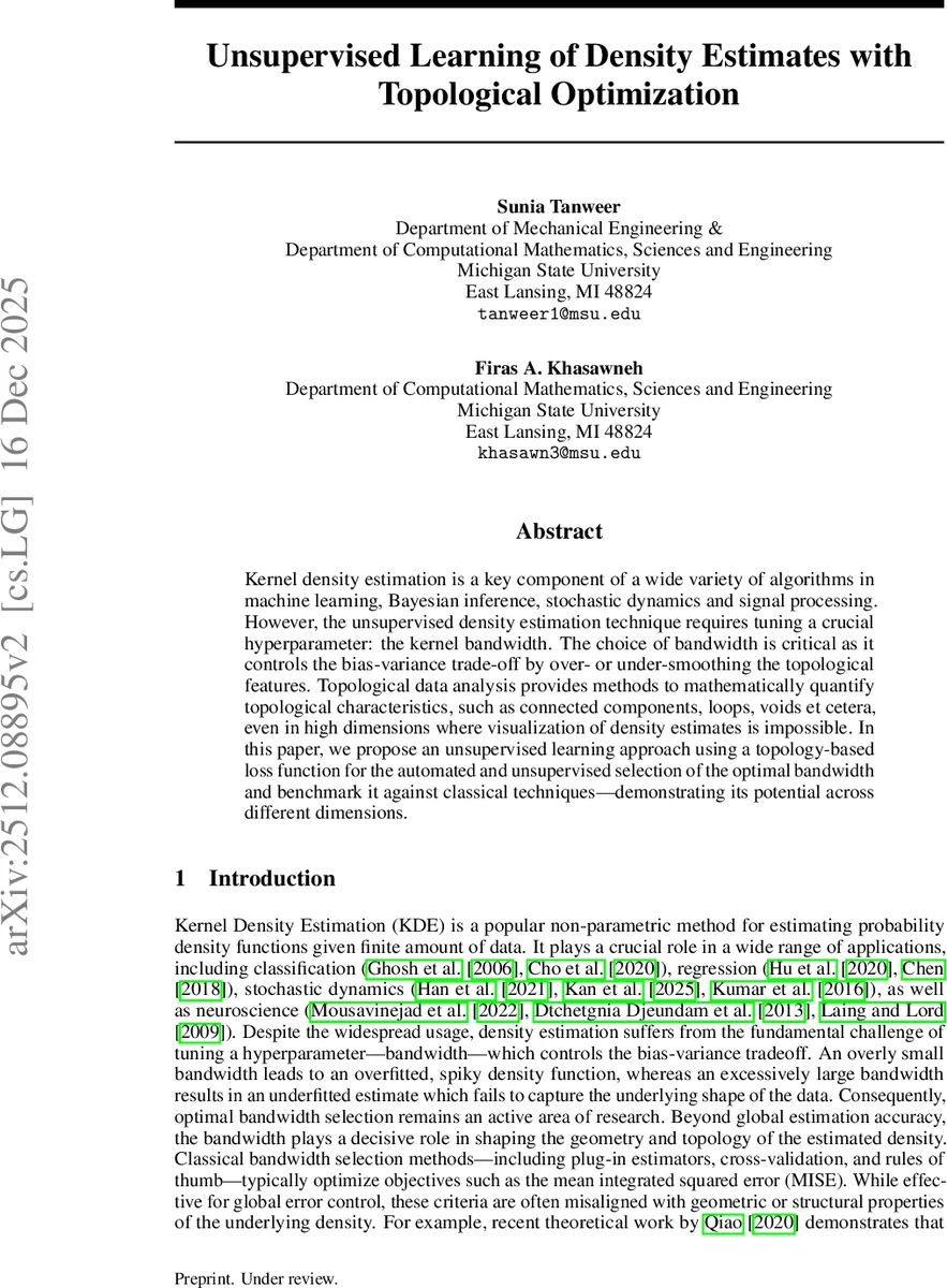 Unsupervised Learning of Density Estimates with Topological Optimization