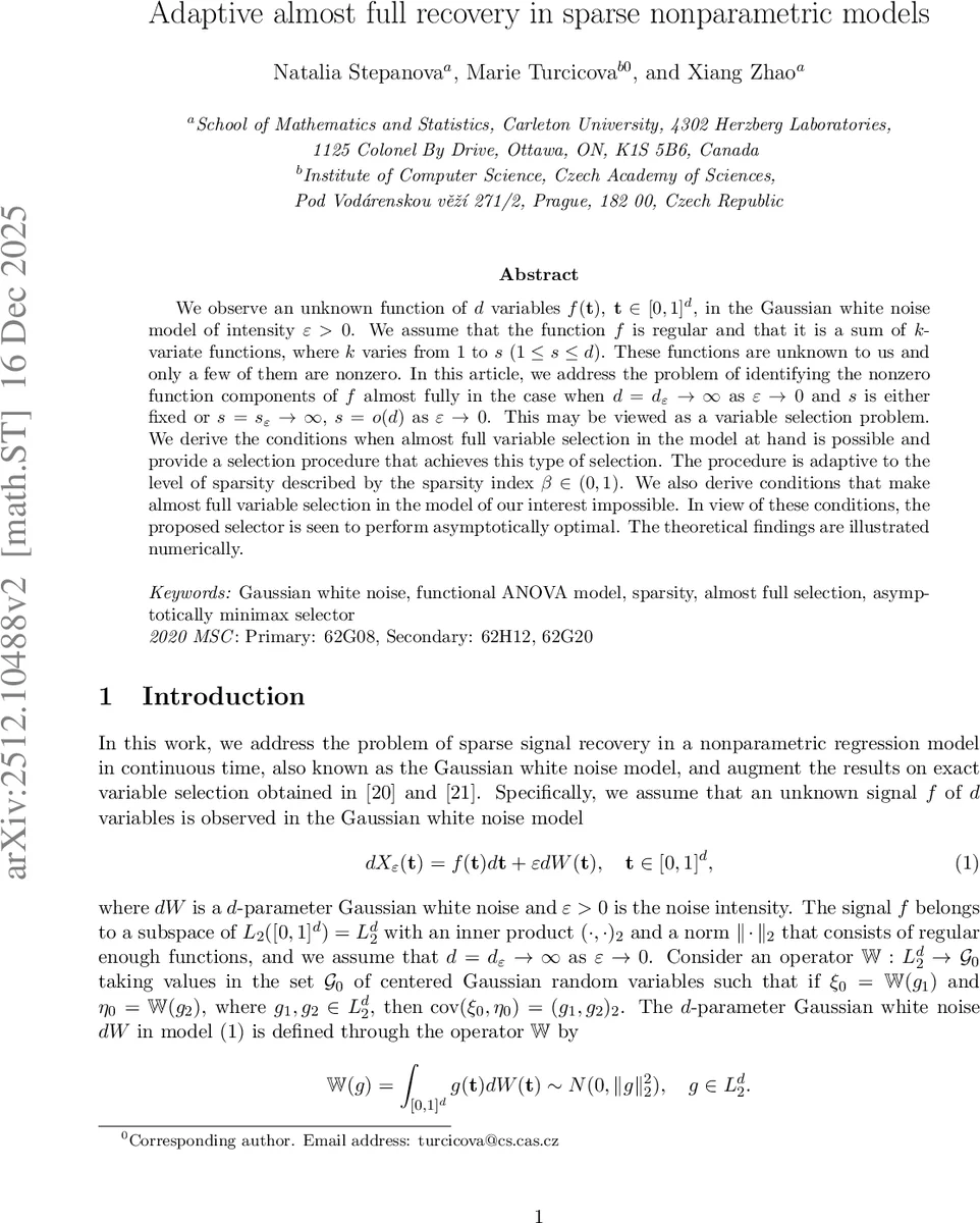 Adaptive almost full recovery in sparse nonparametric models