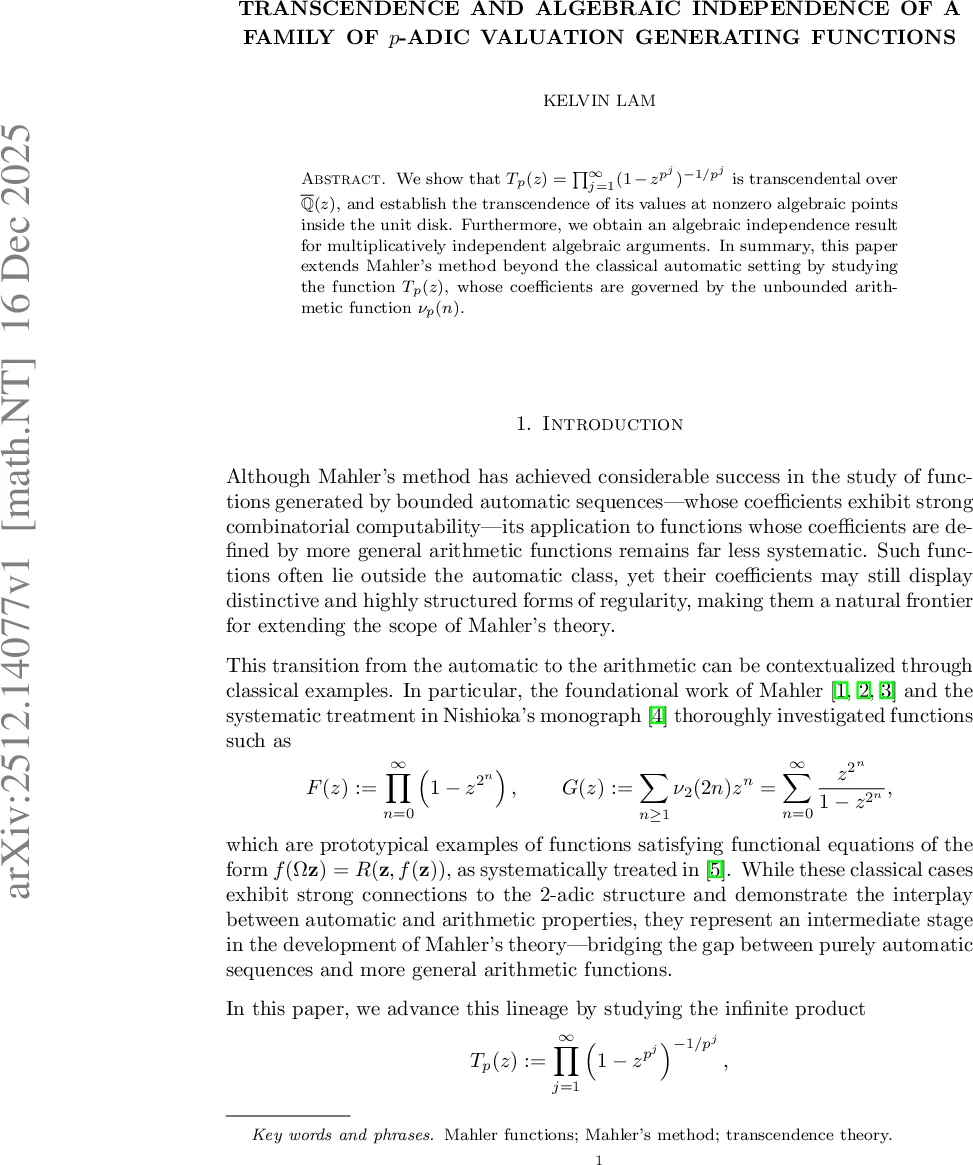 Transcendence and algebraic independence of a family of $p$-adic valuation generating functions