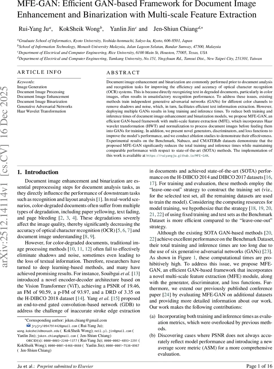 MFE-GAN: Efficient GAN-based Framework for Document Image Enhancement and Binarization with Multi-scale Feature Extraction