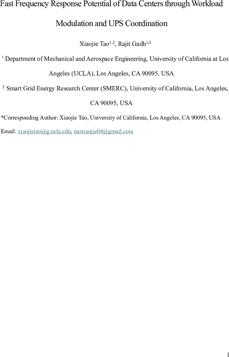 Fast Frequency Response Potential of Data Centers through Workload Modulation and UPS Coordination