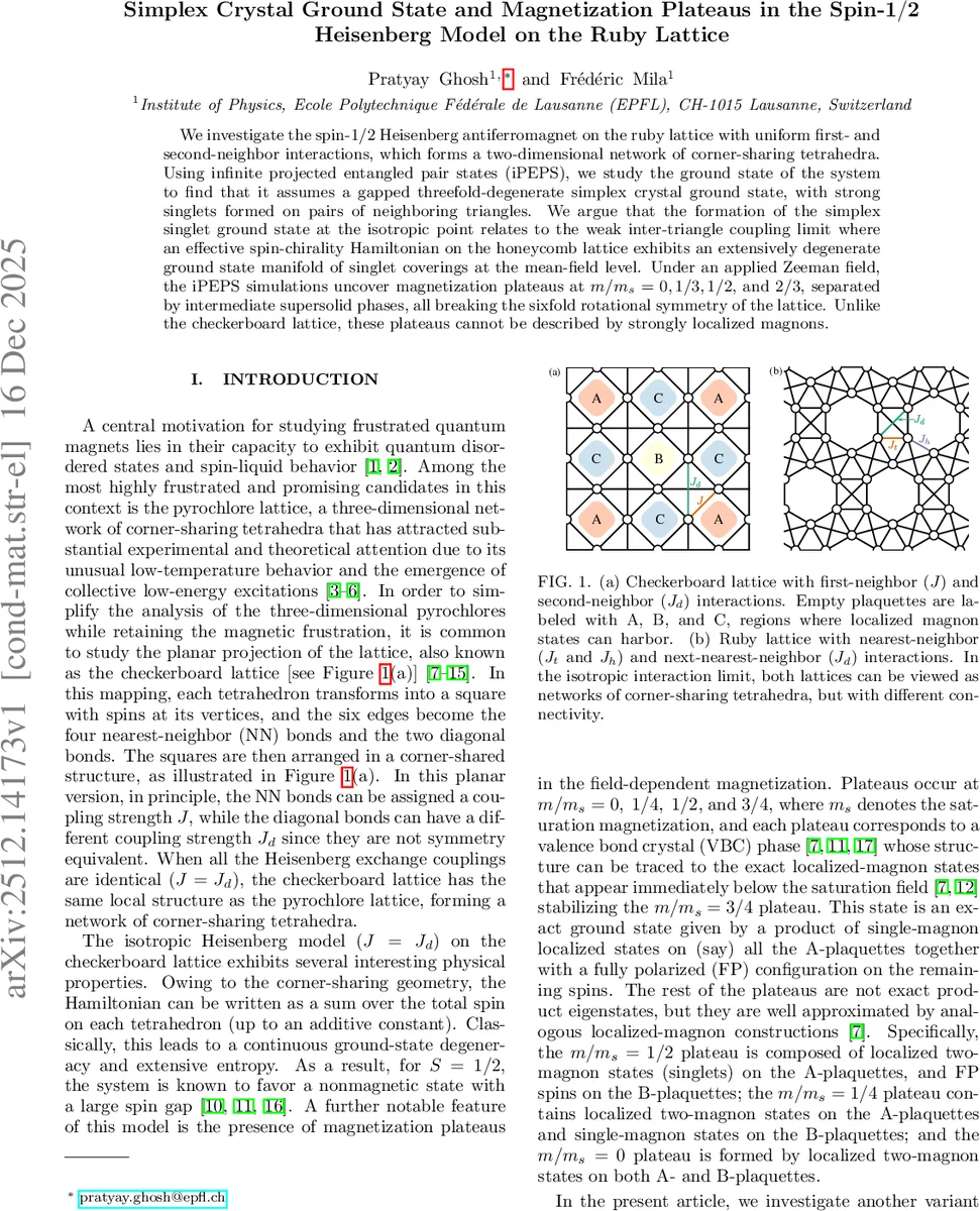 Simplex Crystal Ground State and Magnetization Plateaus in the Spin-$1/2$ Heisenberg Model on the Ruby Lattice