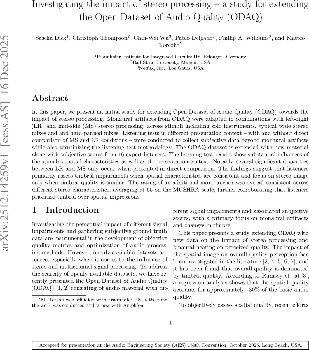 Investigating the impact of stereo processing -- a study for extending the Open Dataset of Audio Quality (ODAQ)