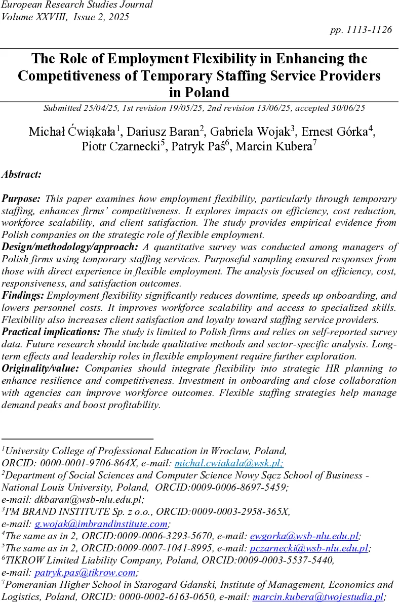 The Role of Employment Flexibility in Enhancing the Competitiveness of Temporary Staffing Service Providers in Poland
