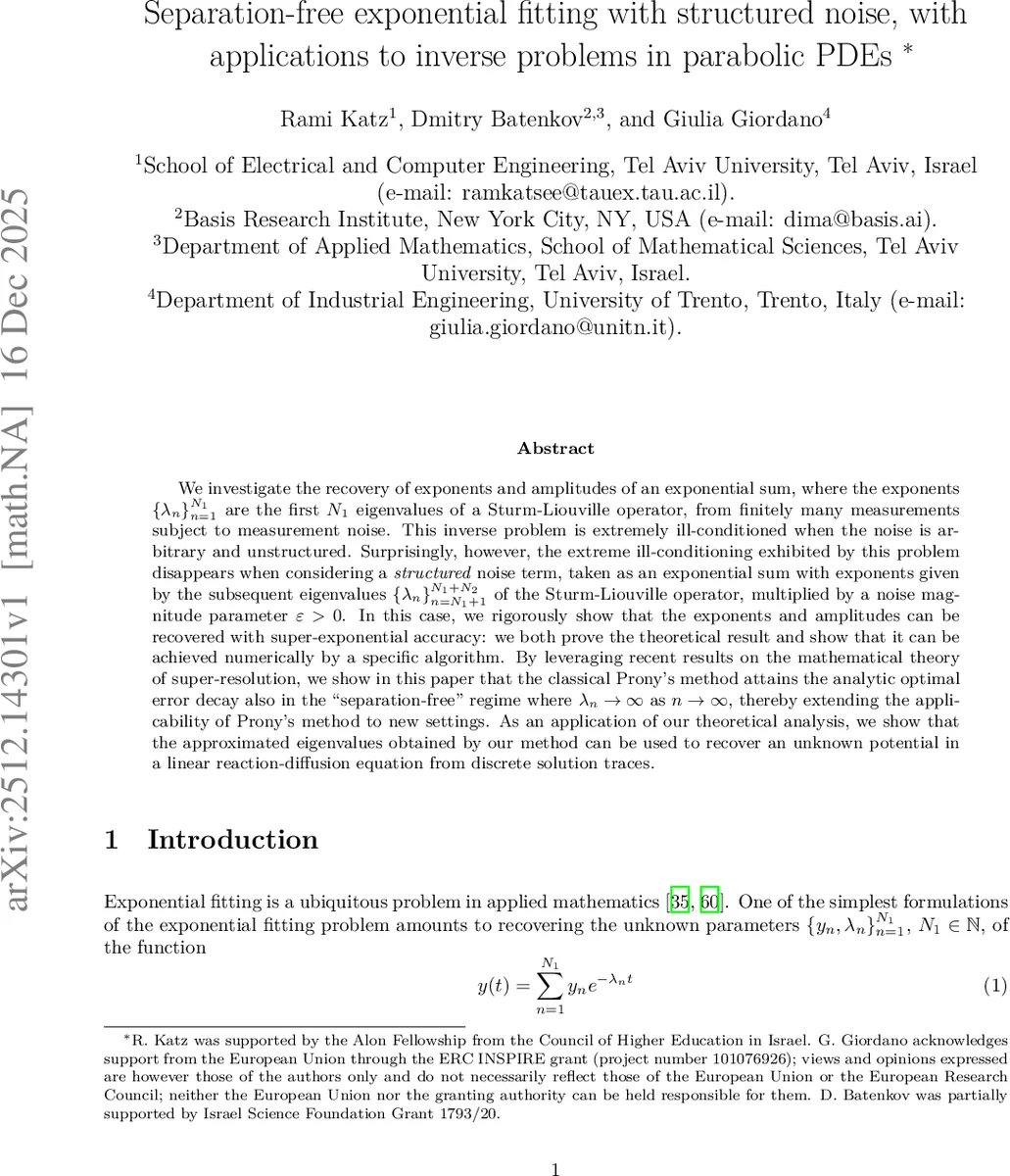 Separation-free exponential fitting with structured noise, with applications to inverse problems in parabolic PDEs