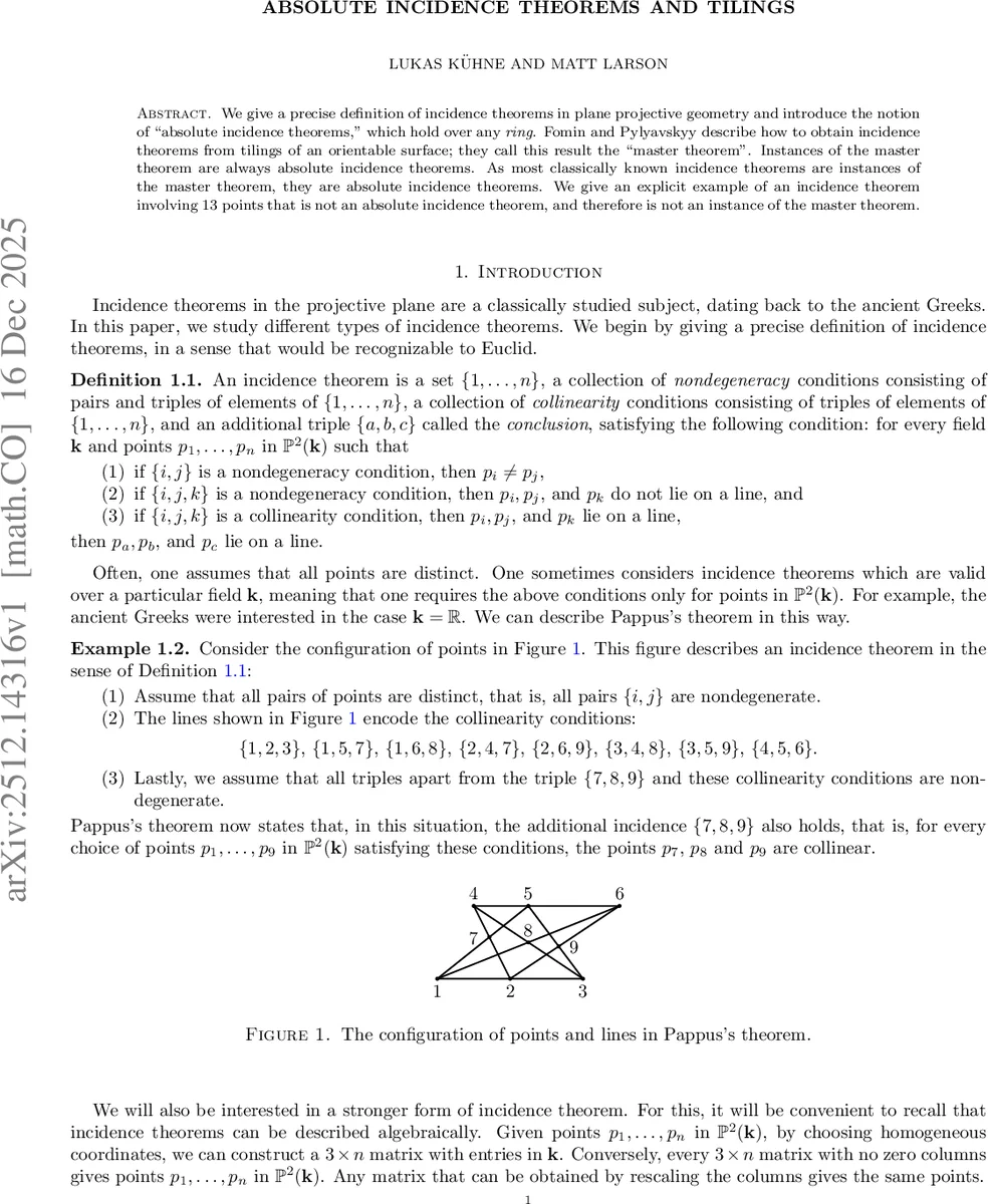 Absolute incidence theorems and tilings
