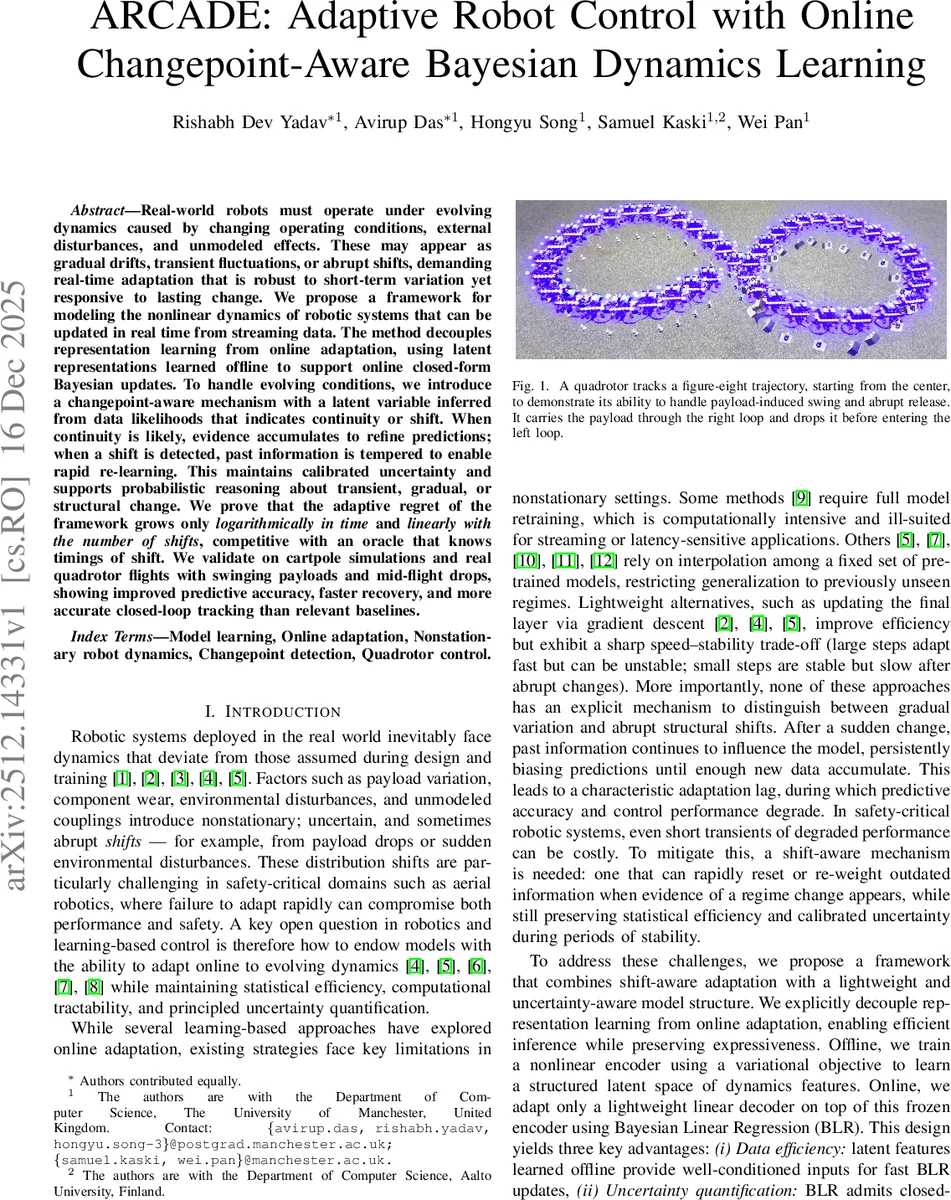 ARCADE: Adaptive Robot Control with Online Changepoint-Aware Bayesian Dynamics Learning