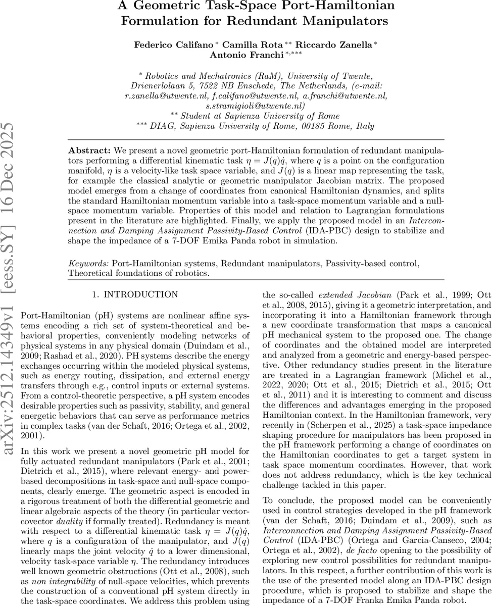 A Geometric Task-Space Port-Hamiltonian Formulation for Redundant Manipulators