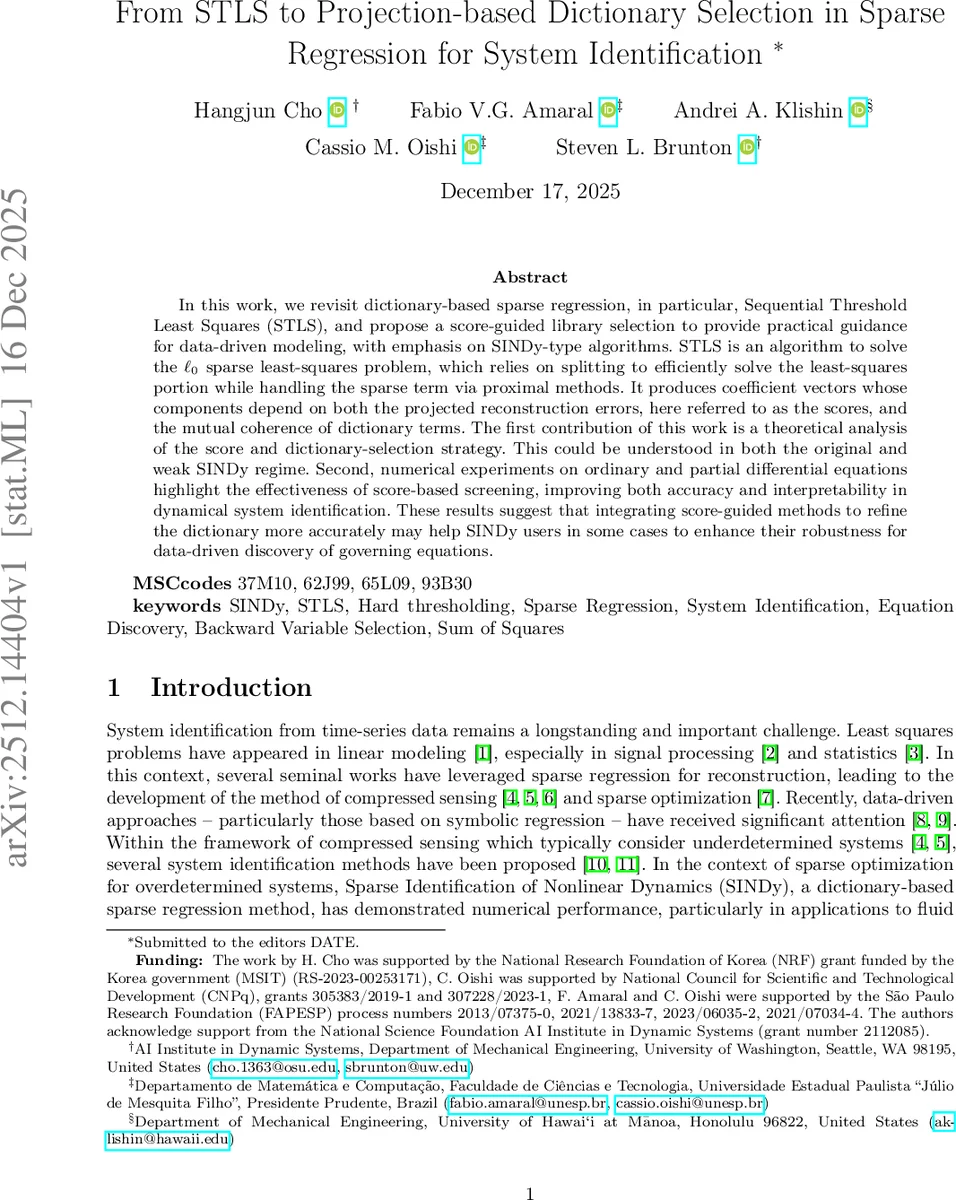 From STLS to Projection-based Dictionary Selection in Sparse Regression for System Identification