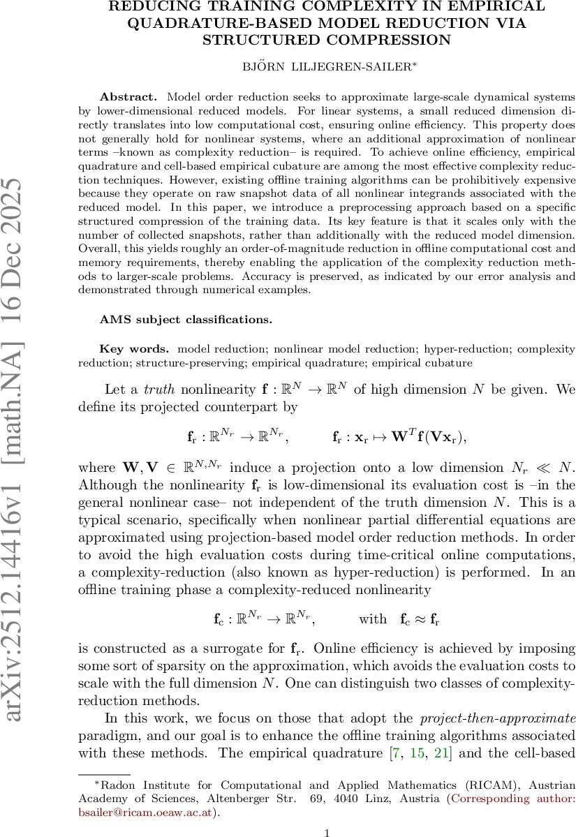 Reducing Training Complexity in Empirical Quadrature-Based Model Reduction via Structured Compression