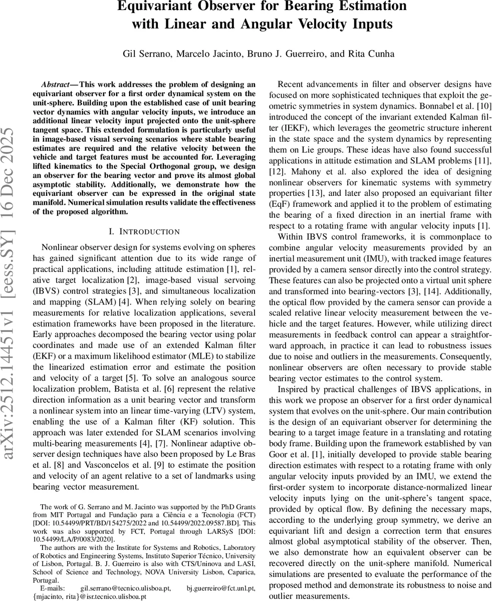 Equivariant Observer for Bearing Estimation with Linear and Angular Velocity Inputs