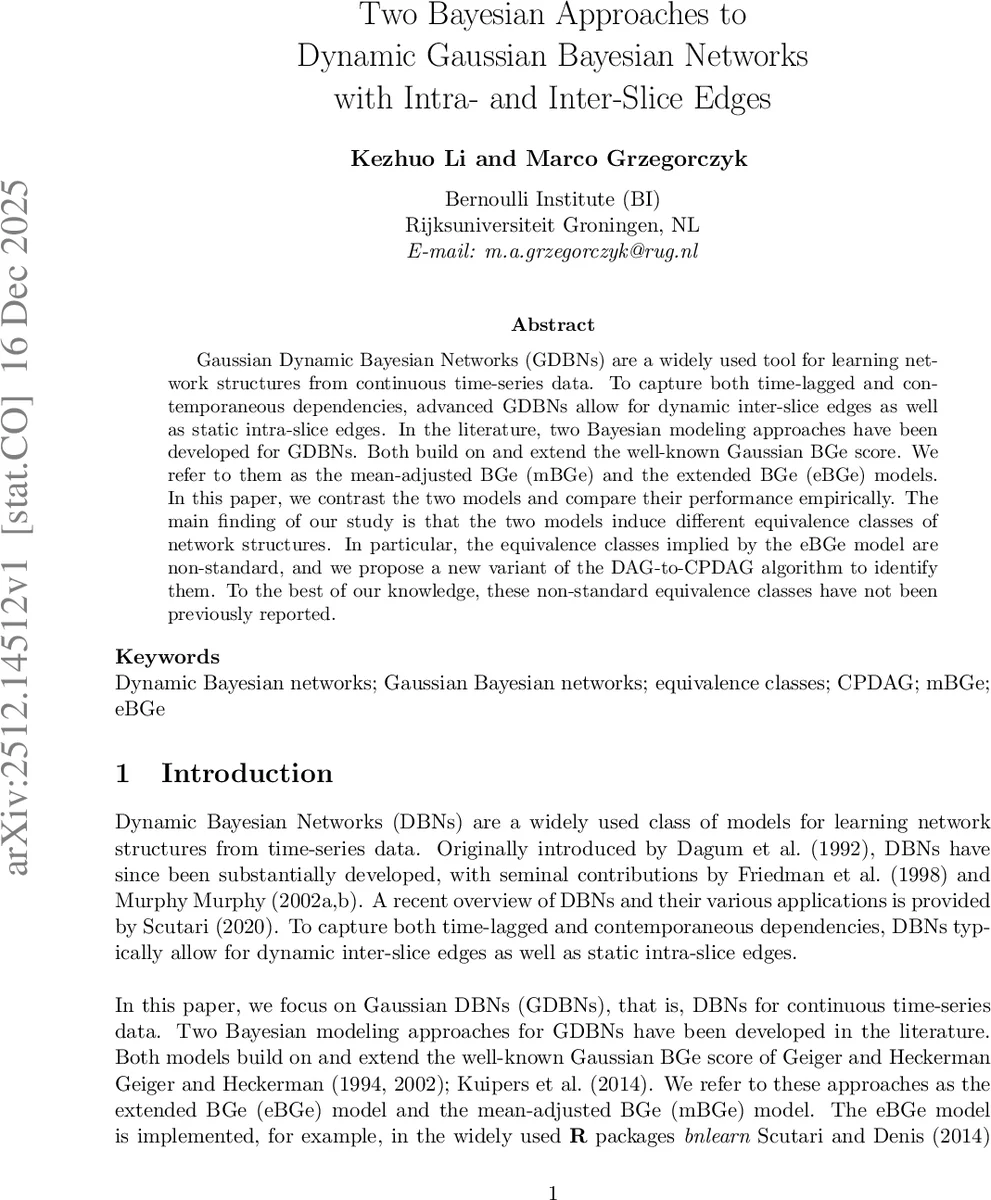 Two Bayesian Approaches to Dynamic Gaussian Bayesian Networks with Intra- and Inter-Slice Edges