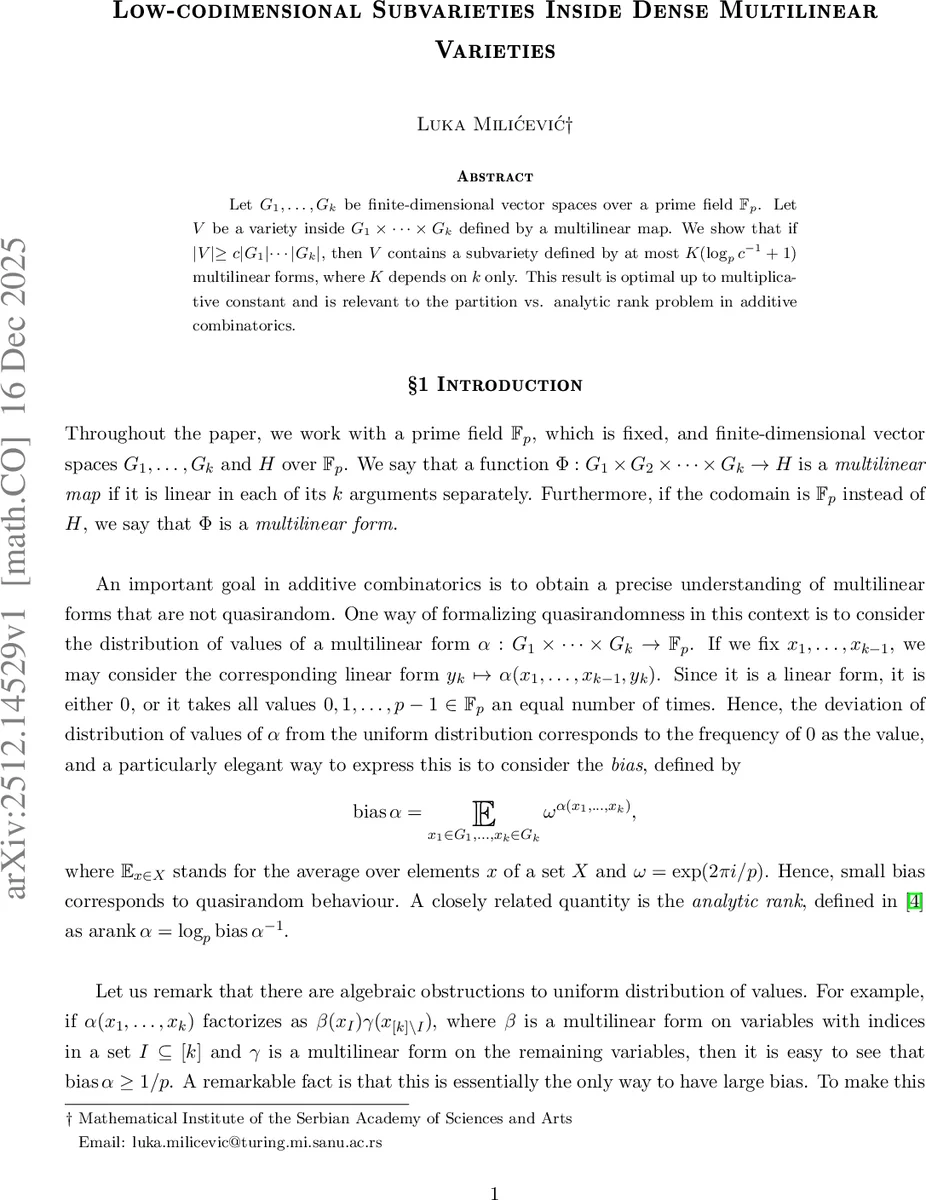 Low-codimensional Subvarieties Inside Dense Multilinear Varieties