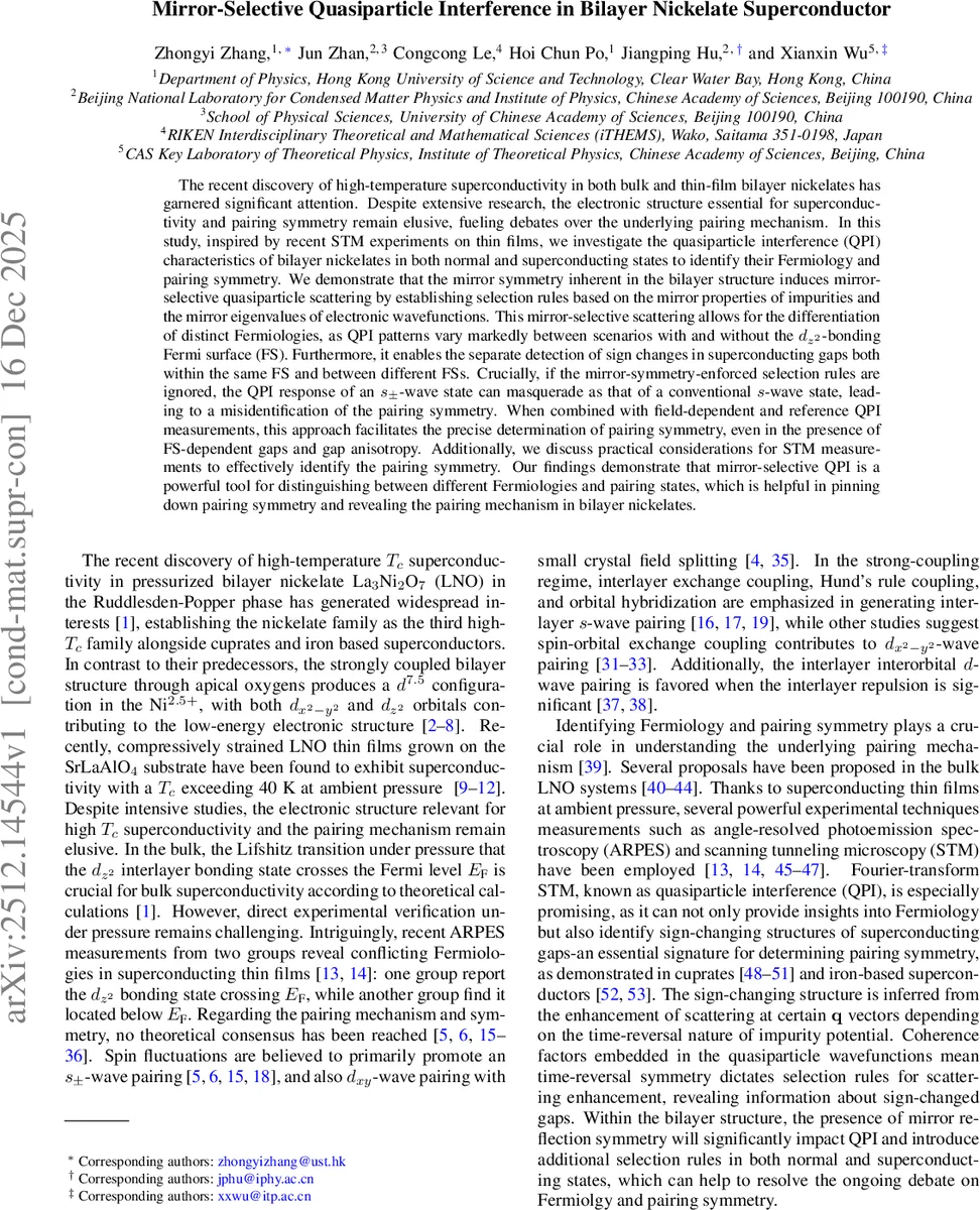 Mirror-Selective Quasiparticle Interference in Bilayer Nickelate Superconductor