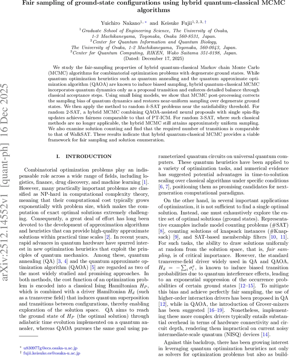 Fair sampling of ground-state configurations using hybrid quantum-classical MCMC algorithms
