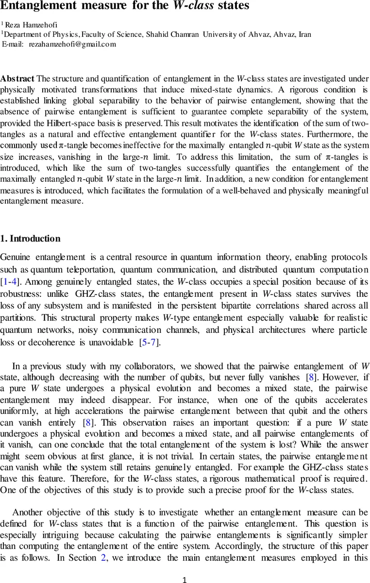 Entanglement measure for the W-class states