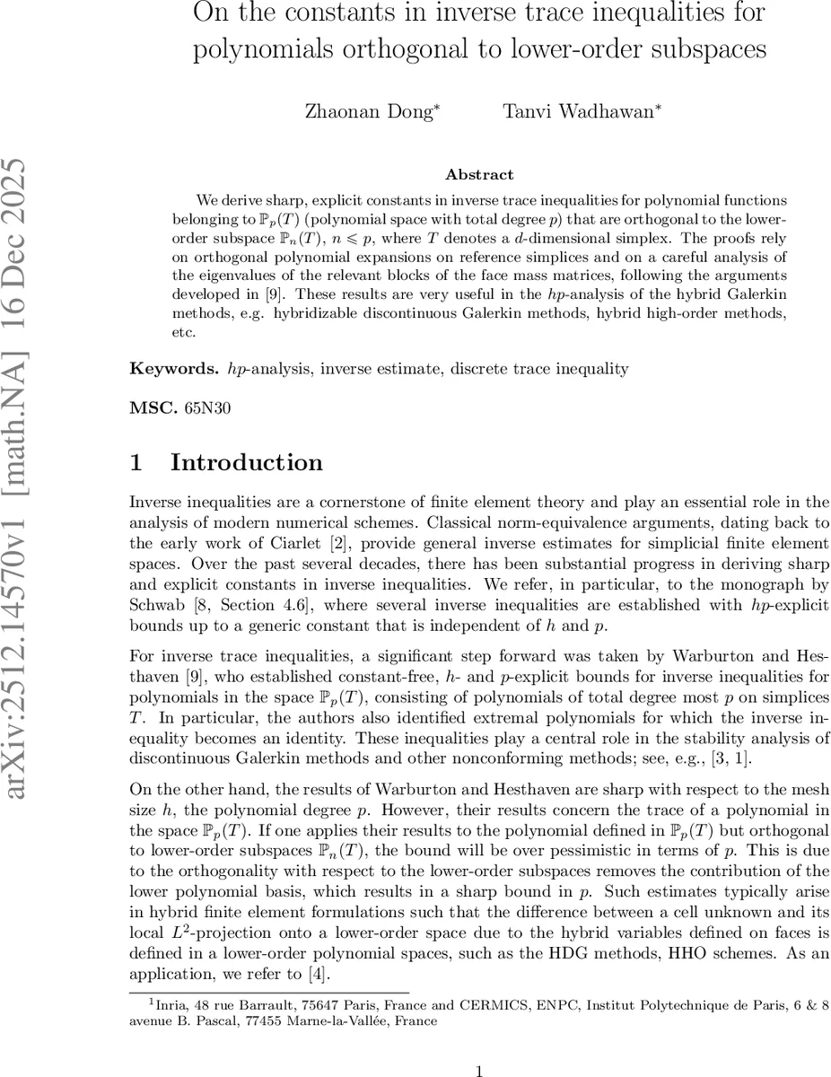 On the constants in inverse trace inequalities for polynomials orthogonal to lower-order subspaces
